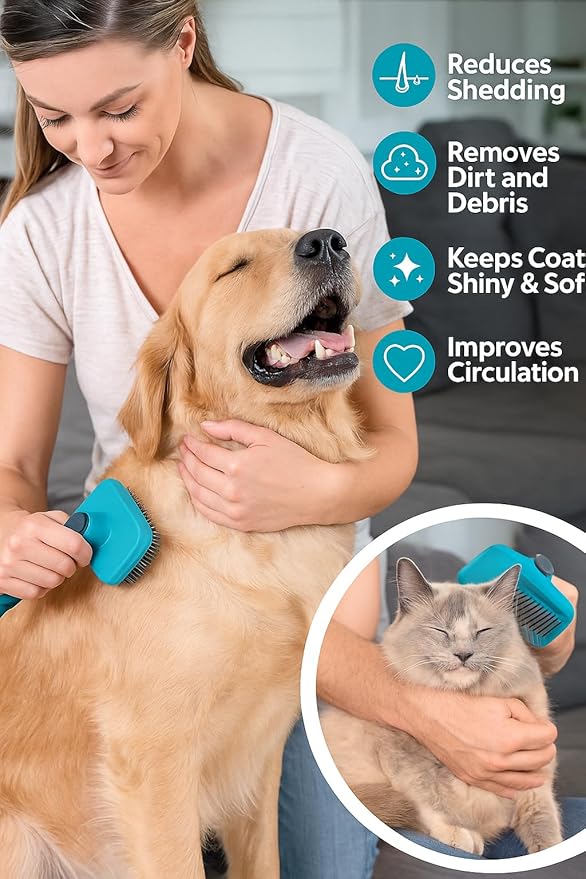 Self-Cleaning Pet Grooming Brush for Dogs & Cats – Gentle Silicone Tips Remove Loose Hair, Mats & Tangles – Comfortable Anti-Slip Grip