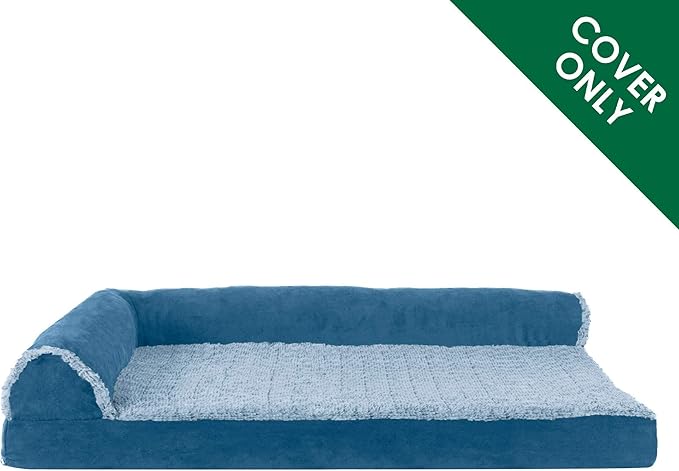 Furhaven Replacement Dog Bed Cover Two-Tone Faux Fur & Suede L Shaped Chaise, Machine Washable - Marine Blue, Large