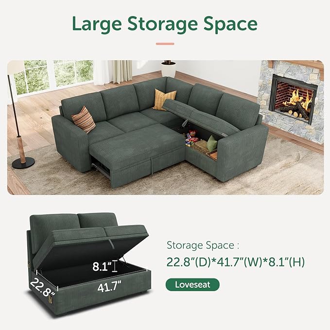 HONBAY Sectional Sleeper Sofa with Pull Out Bed, Corduroy L Shaped Couch with Storage, Modular Sectional Couches for Living Room, Green