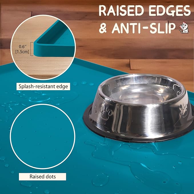 MateeyLife Silicone Cat & Dog Food Mat for Floors Waterproof, Anti-Slip Dog Bowl Mats for Food and Water, Pet Feeding Mats with Lip to Prevent Spills, Pet Placemat for Messy Drinkers to Protect Floors