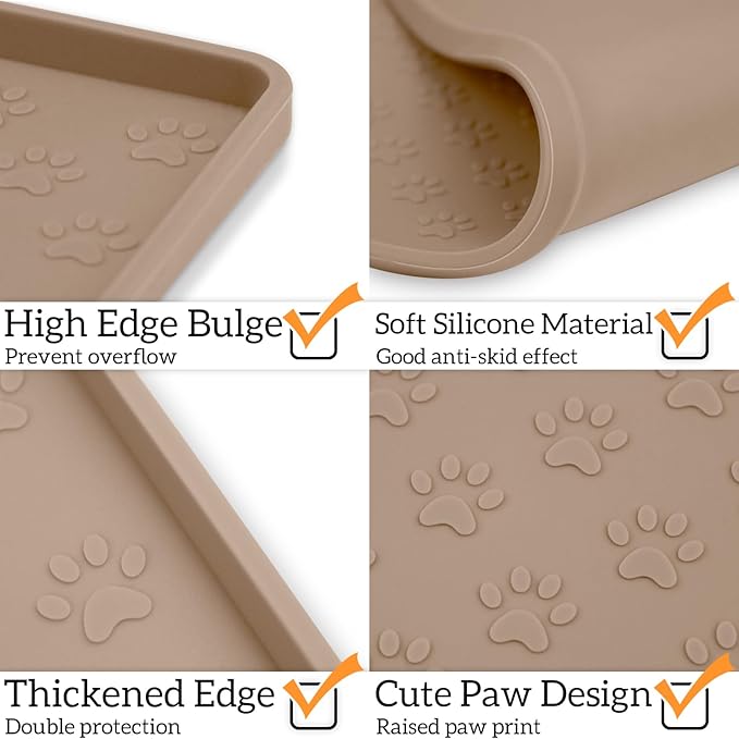 Ptlom Dog Food Mat Anti-Slip Bowl Mats for Food and Water, Waterproof Pet Placemat with High Raised Edges, Silicone Puppy Feeding Tray for Small, Medium Large Dogs Cats, Taupe, 31.5" 23.6"
