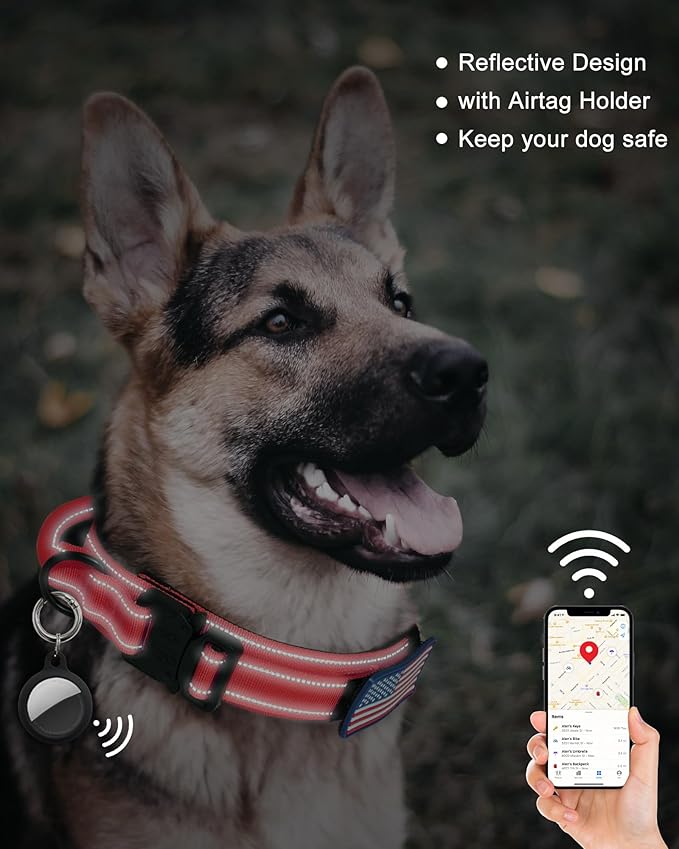 AUBELL Reflective Tactical Dog Collar,Adjustable Military Heavy Duty K9 Collars with Handle and Quick Release Metal Buckle Great for Medium Dogs, with Airtag Case and 2 Patches (Red,M)