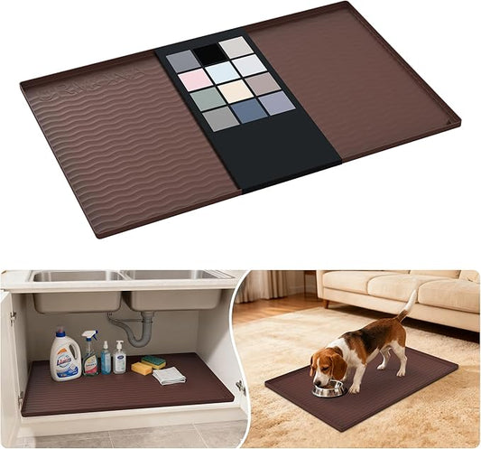 URMONA Waterproof Silicone Under Sink Mat 34'' x 22'' Shelf Liner for Kitchen and Bathroom, Cabinet and Counter Protector, Storage and Organizers, Litter Mat, Pet Cat Puppy Essentials(Brown)