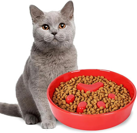 Slow Feeder Cat Bowls, Ceramic Fun Slow Eater Bowl for Cats (Red)