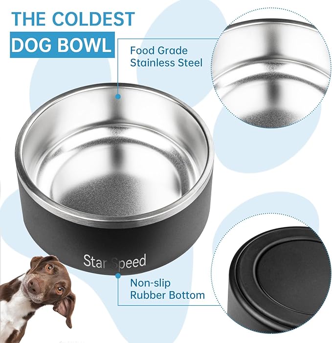 StarSpeed Stainless Steel Dog Bowl - Large Dog Water Bowl with Rubber Bottom, Drop Resistant, Keeps Cold, Holds 8 Cups (64oz, Black)