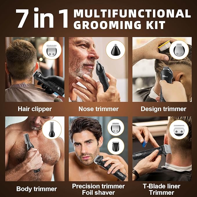 Ufree Beard Trimmer for Men, Electric Razor Shavers, Cordless Hair Clippers, 7 in 1 Beard Grooming Kit for Mustache, Body, Nose and Facial, Gifts for Men