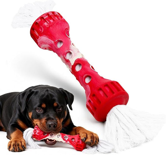 Interactive Dog Toy, Durable Teeth Cleaning Chew Toy, Outdoor Fetch and Retrieve Dog Toy, Natural Rubber Bone with Cotton Tassels for Medium and Large Dogs, Cream Scented, Red/White