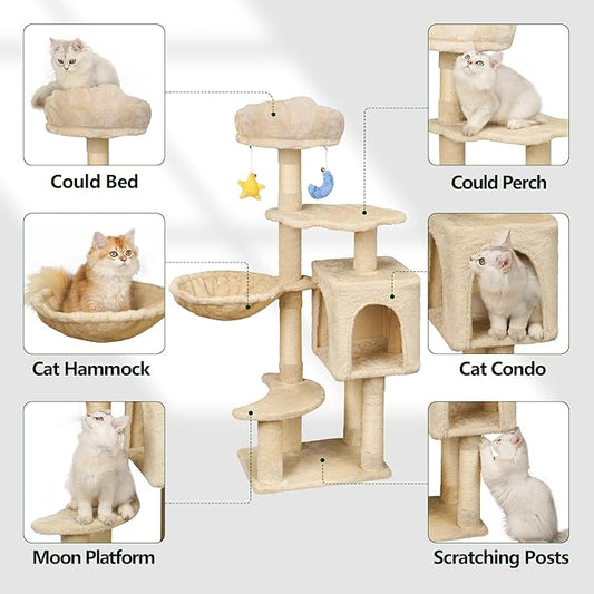 43-Inch Cat Tree,Cute Cloud Cat Tree for Kittens & Small Cats Under 6 Months 9lbs, Cat Tower with Scratching Post, Double Condos, Plush Hammock & Dangling Toys, Beige