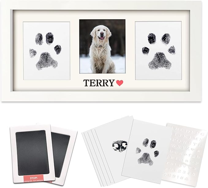 MYPAWLETS Paw Print Frame & Ink Pads Kit,Dog or Cat Paw Print Kit,2 No Mess Ink Pads for Pets,Paw Print Stamp Pad for Dogs,Wooden Pet Memorial Frame,Personalized Pet Paw Print Gifts-White