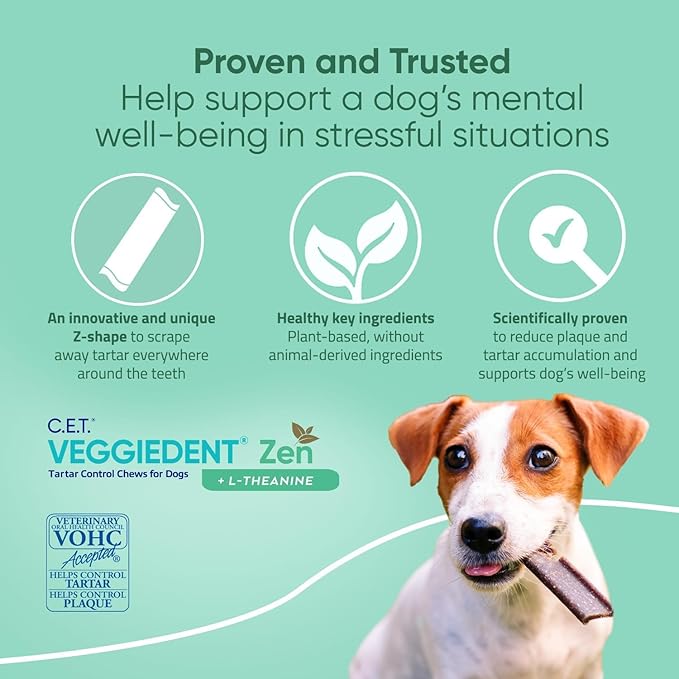 Virbac C.E.T. VEGGIEDENT Zen Tartar Control Chews for Dogs - Multifunctional to Support Mental Well-Being, VOHC Approved - Extra Small Under 11lbs