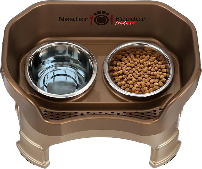Neater Feeder Deluxe Mess Proof Dog Bowls Elevated Medium Sized Dogs (19-40 lbs) Made in USA, No Spill Raised Dog Food Bowl Stand w/Leg Extension, Stainless Steel Food and Water Bowl Set, Bronze