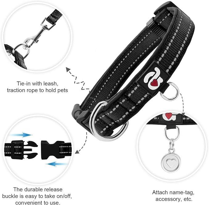 azuza Reflective Dog Collar with Airtag Holder, Soft Neoprene Padded Pet Collar with ID Tag Ring, Adjustable for Puppy and Small Dogs,Black,XS