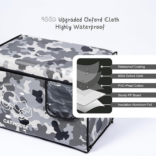 Indestructible Cat House Outdoor with Two-Sided Escape Door, Insulated and 100% Waterproof, Outside Weatherproof Feral Cat Shelter for Winter, Oxford Cloth Upgraded(Camouflage, L)