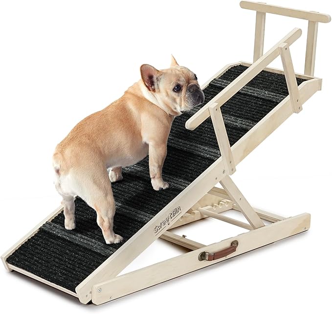Dog Ramp for Bed - Foldable Small to Large Dog Ramp for Couch - 7 Adjustable Height from 11" to 27" - Stairs with High Traction Mat - Wooden Portable Ramp for Dogs to Get on Bed Couch Car Up to 200LBS