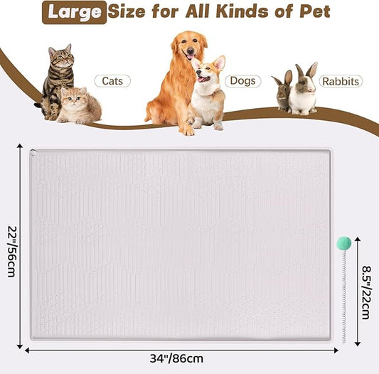Cat Food Mat with Toy Ball, 34'' x 22'' Extra Large Silicone Pet Feeding Mat with Raised Edge Pet Placemat for Food and Water Bowl Non-Slip, Easy to Clean, Floor Protection (White)