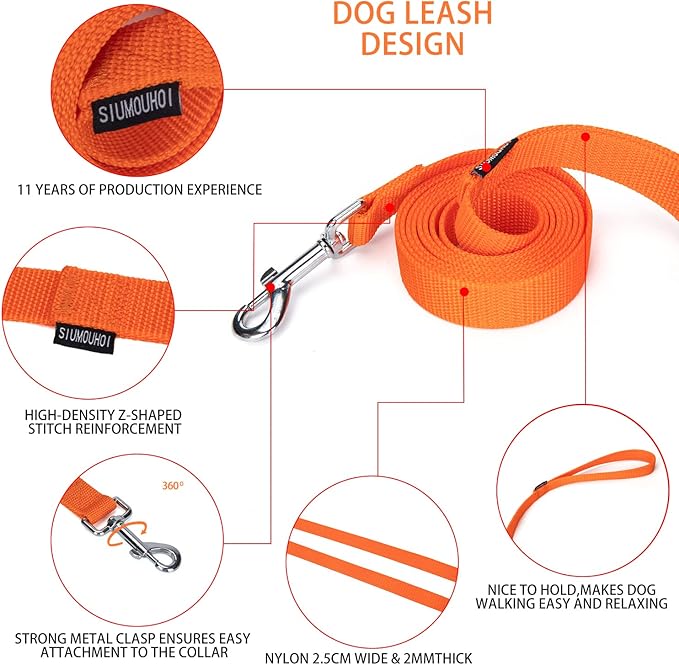 Strong Durable 6ft Nylon Dog Training Leash, 1 Inch Wide Traction Rope, for Small and Medium Dog (Orange, 6 Feet)