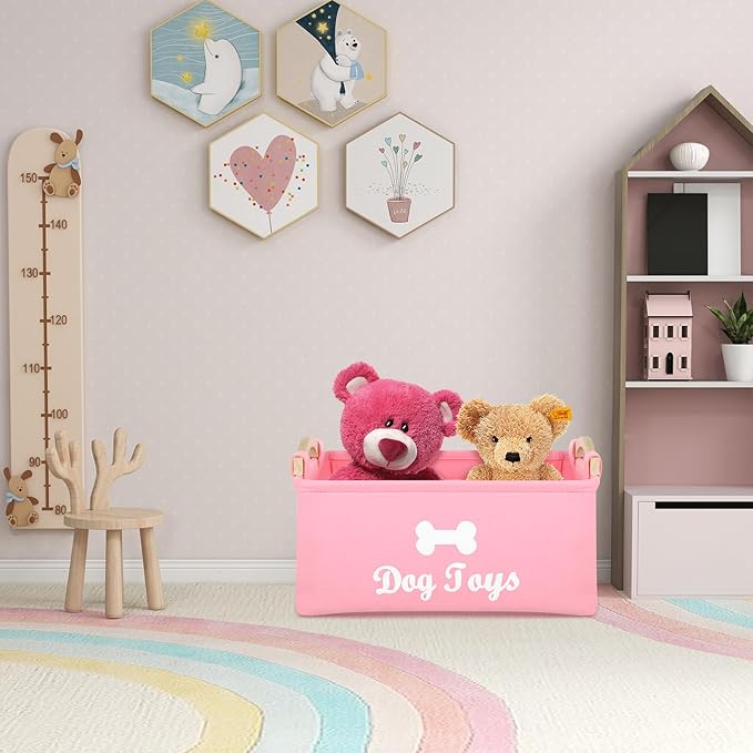 Pet Toy Storage Box Felt Organizer with Wooden Handles 15.35 Inch Square Container for Household Pet Toy Collection and Sundries Storage