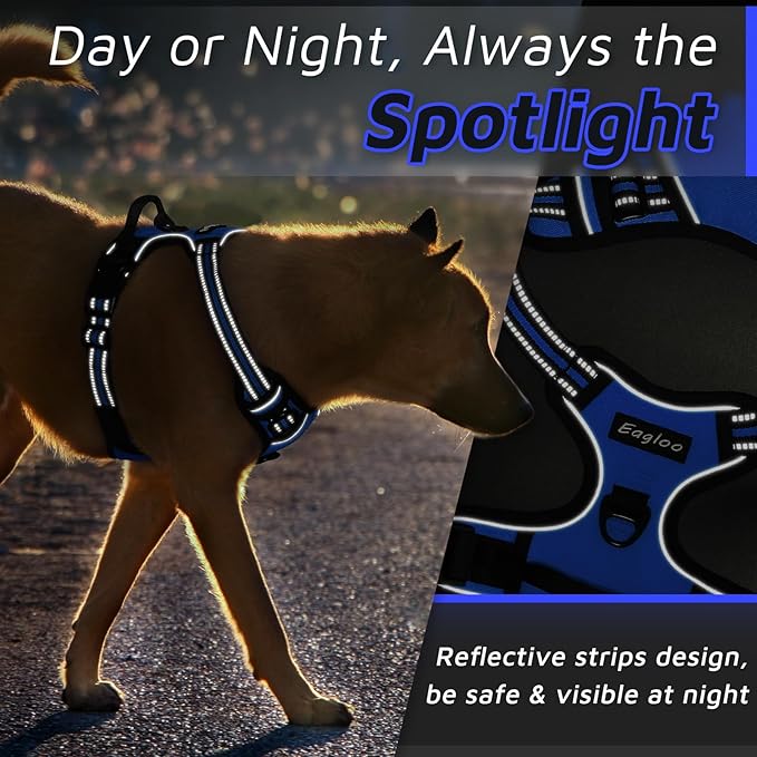 Eagloo Dog Harness Medium Sized Dog, No Pull Service Vest with Reflective Strips and Control Handle, Adjustable and Comfortable for Easy Walking, No Choke Pet Harness with 2 Metal Rings, Blue, M