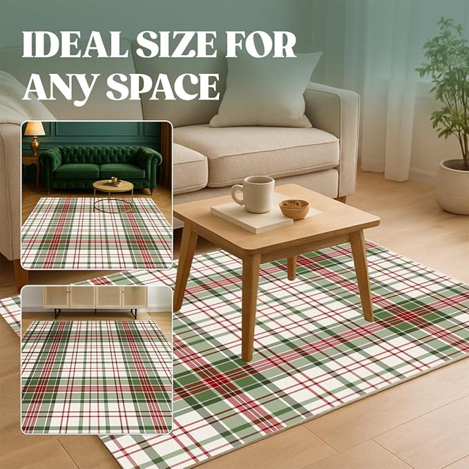 Muddy Mat짰 Plaid 2x10 Washable Area Rugs for Living Room, Bedroom & Dining Room ??Modern Soft Low Pile Non Slip Carpet ??Pet Friendly Waterproof Foldable Rugs for Home