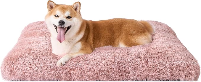 EHEYCIGA Fluffy Dog Crate Bed for Large Dogs, Plush Faux Fur Crate Pad, Calming Anti Anxiety Large Dog Bed, Washable Soft Warm Crate Mat with Non-Slip Bottom, Pink