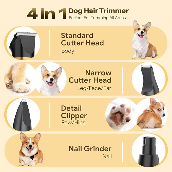Small Dog Grooming Kit, 4 in 1 Electric Cordless Dog Paw Trimmer with Nail Grinder, Low Noise Dog Nail Trimmers, IPX7 Waterproof Small Dog Grooming Clippers for Paws, Ears, Face, Hip Hairl