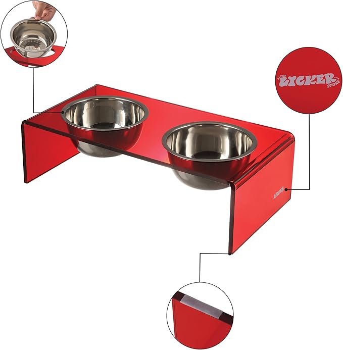 The LICKER Store DBL2001H Keaton 7.5" Medium/Large Modern Acrylic Rectangular Elevated Pet Feeder with 54oz 2-Stainless Steel Bowls, Red/Chrome