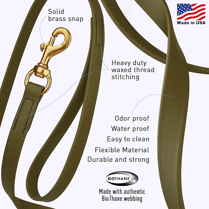 Viper Biothane K9 Working Dog Leash Waterproof Lead for Tracking Training Schutzhund Odor-Proof Long Line with Solid Brass Snap for Puppy Medium and Large Dogs, 20ft Olive Drab Green