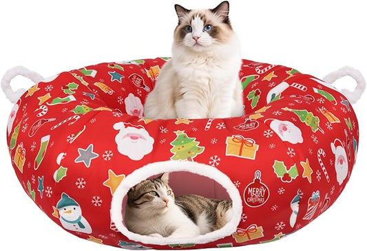 Cat Tunnel Christmas Tree Skirt, Cute Cat Tunnel Bed Under Christmas Tree with Washable Mat, Dangling Balls, Circle Pet Donut Tube Bed for Kitten Puppy Rabbit, Cats Xmas Toy Gifts