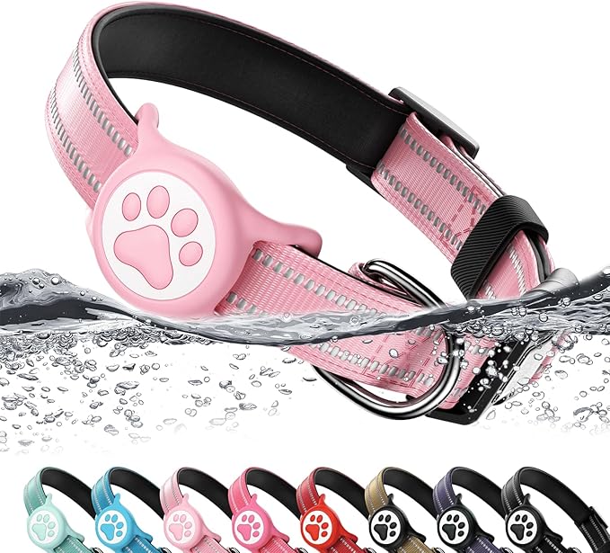 Airtag Dog Collar, Reflective Ultra-Durable Nylon Padded with QR Code Buckle & IP68 Waterproof Air Tag Holder Compatible for Apple AirTag, Comfortable for Small Medium Large Dogs(Pink,L)