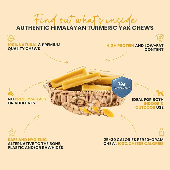 KATHMANDU'S 100% Natural Turmeric Flavored Yak Chews – Keep Dogs Busy & Happy with Our Lactose&Rawhide Free Himalayan Dog Chews - Long Lasting Dental Treats for Aggressive Chewers (Large, Pack of 4)