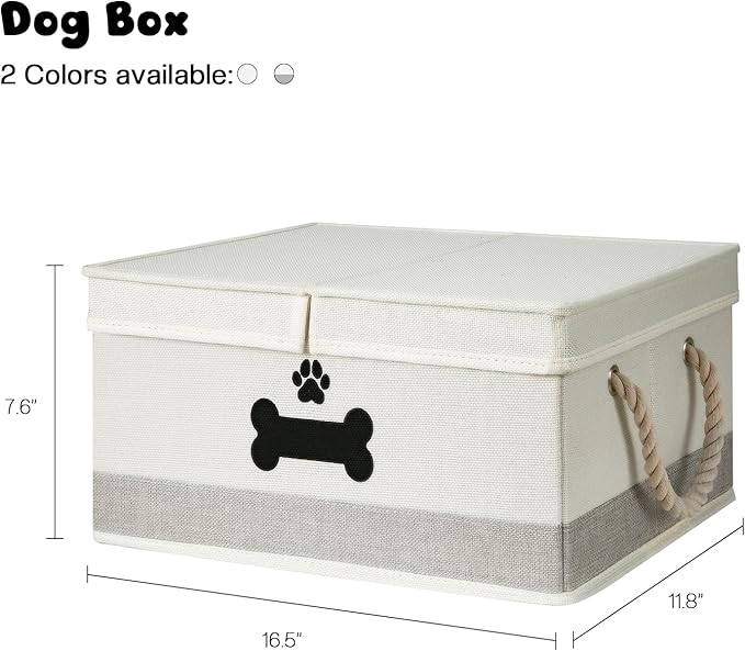 Dog Toy Basket with Double-Open Lid, Divided Dogs Basket for Toys, Collapsible Pet Toys Box, Dog Storage Organizer with 2 Divided Area, Puppy Toy Baskets with Rope Handles, Beige & Gray
