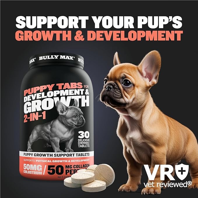 Bully Max 2-in-1 Puppy Vitamins - 30 Chewable Tablets for Growth & Development of Puppies - Multivitamin Treats & Essential Dog Supplements for Small Dogs & Large Breed Growing Pups - 3 Bottles