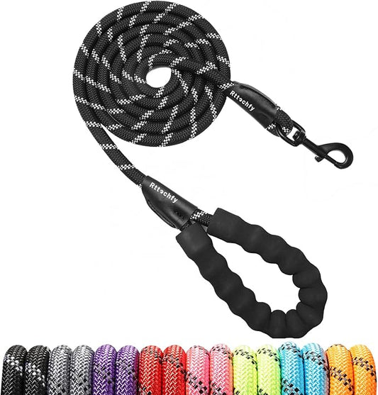 Rttochfy Rope Dog Leash 2/4/5/6/8/10 FT with Comfortable Padded Handle and Highly Reflective Threads for Small Medium and Large Dogs Heavy Duty (1/2"-5 FT, Black)