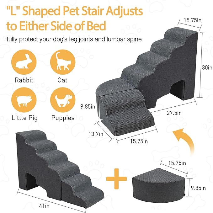 Dog Stairs for High Beds up to 30-36inch, A.FATI 6 Tiers Dog Steps Pet Stairs Adjust to Left Side of Bed, Non-Slip Pet Ramp for Small Dogs/Old Pets
