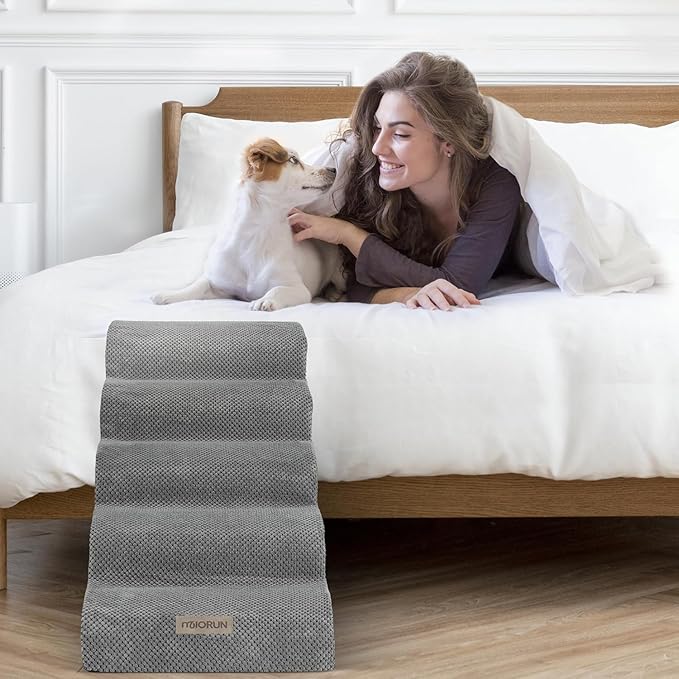 Dog Stairs for High Beds Up to 26-30", 5-Step Foam Pet Ramp with Washable Cover, Gentle Slope Steps, Bed & Couch Ladder for Small Medium Dogs & Senior Cat, Puppy Stairs to Get on Tall Furniture