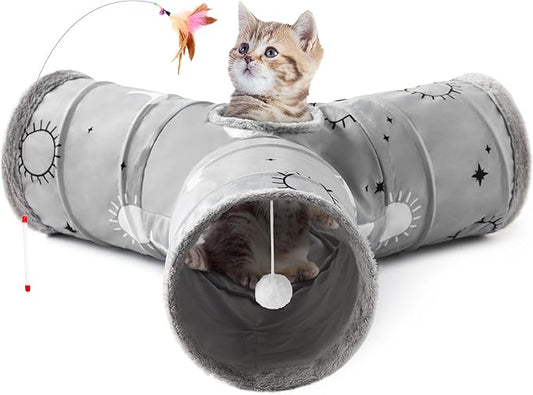 Tempcore Pet Cat Tunnel Tube Cat Toys 3 Way Collapsible, Cat Tunnels for Indoor Cats Fleece-Lined in for Warmth，Kitty Tunnel Bored Pet Toys Peek Hole Toy Ball Puppy, Kitten, Rabbit Gray Sun