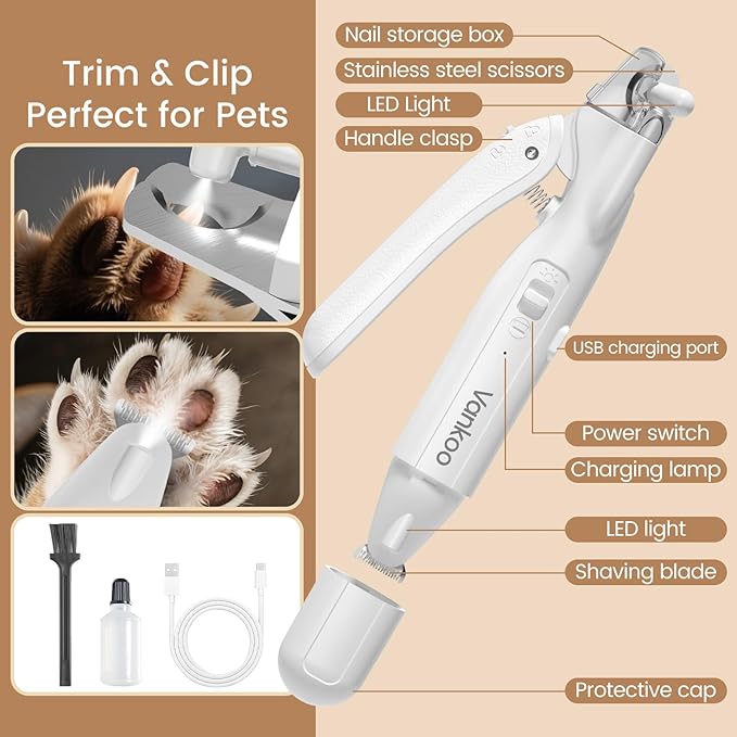 2 in 1 Dog & Cat Nail Clippers & Trimmers with LED Lights, Splash Guard - Pet Hair Trimmer for Around Paws, Ear, Eye,Face, Rump Rechargeable & IPX7 Waterproof Grooming Supplies for Dog, Cat