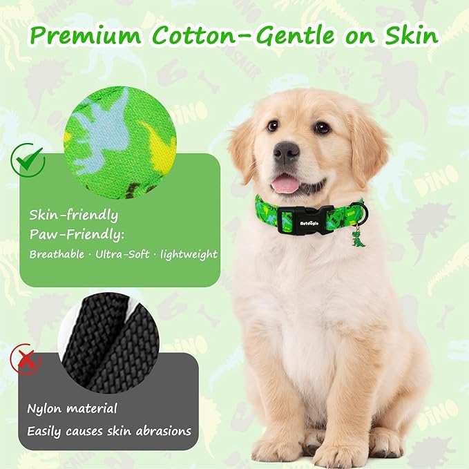 Medium Dog Collars for Male Dogs, Boy Dog Collars with Dinosaur Pattern竊똀djustable Cotton Green Collar for Puppy Dog竊똈deal, Daily Photos & Pet Fashion Accessory