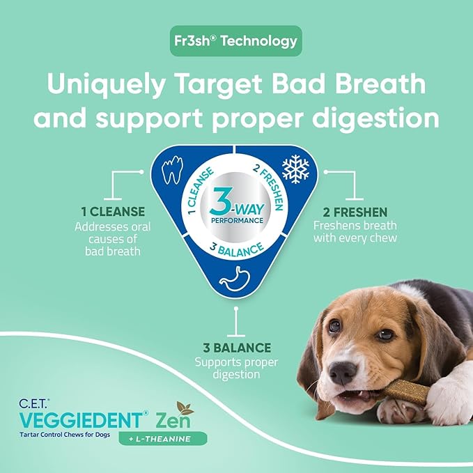 Virbac C.E.T. VEGGIEDENT Zen Tartar Control Chews for Dogs - Multifunctional to Support Mental Well-Being, VOHC Approved - Medium 22-66lbs