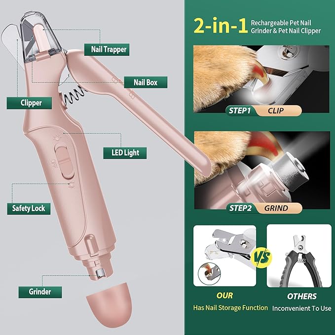 2 in 1 Dog Nail Clippers & Cat Nail Clippers Trimmers for Large Medium Small Dogs Cats Claw Trimmer Quick Sensor and Safety Guard USB Rechargeable Dogs Nail Trimmer with Catcher & 2 LED Lights