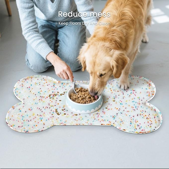 Dog Food Mat Anti-Slip Silicone Dog Bowl Mat Thicker Pet Placemat Waterproof Cat Feeder Pad with Raised Edge Puppy Kitten Feeding Mats Suitable Small Medium-Sized Dogs Cats Eating Tray