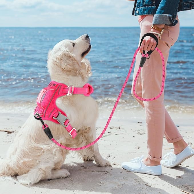 BARKBAY No Pull Dog Harness 3 Buckles Large Reflective Dog Harness with Front Clip and Easy Control Handle for Walking Training Running with ID tag Pocket(Pink,XL)