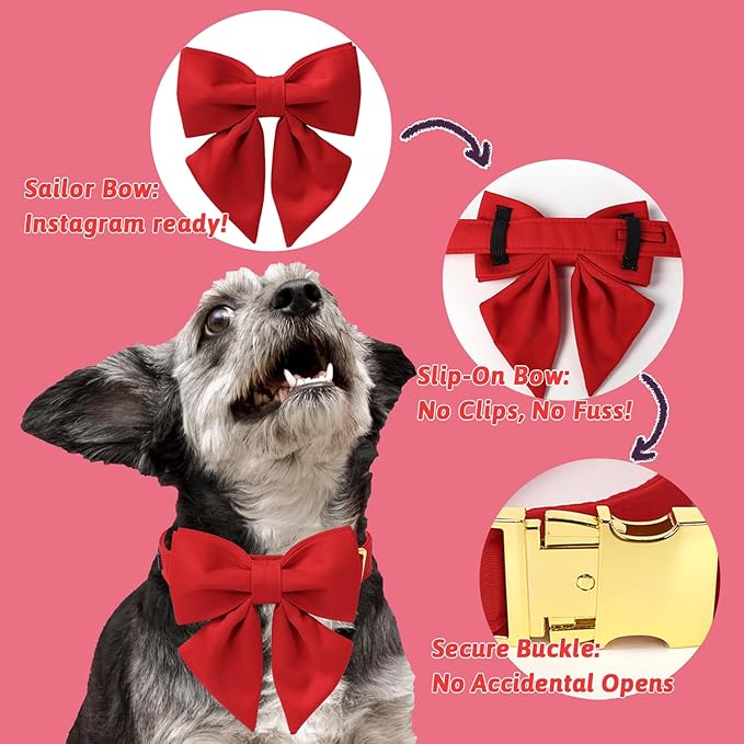 Maca Bates Red Dog Collar with Cute Solid Sailor Bow Tie for Medium Girl Boy Dogs,Girly Adjustbale Durable Breakaway Soft Collars with Bowtie for Female Male Puppy,Pet with Metal Buckle