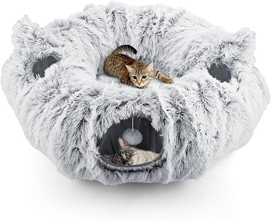 Cat Tunnel Cat Bed for Indoor Cats,Christmas Tree cat Tunnel 3-in-1 Foldable Plush Donut Tunnel with Washable Cushion, Peekaboo Cat Cave with Ears for Kittens, Puppy, Rabbit (Gray)