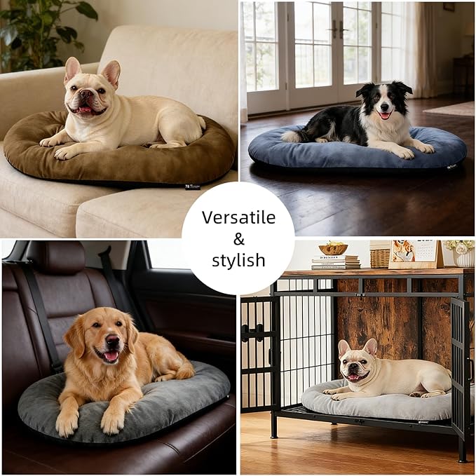 Durable & Washable Dog Bed for Small Medium Dogs & Cats, Plush Faux Silver Fox Fur Oval Bed with Non-Slip Bottom & Supportive Pad, 29”x18” Brown