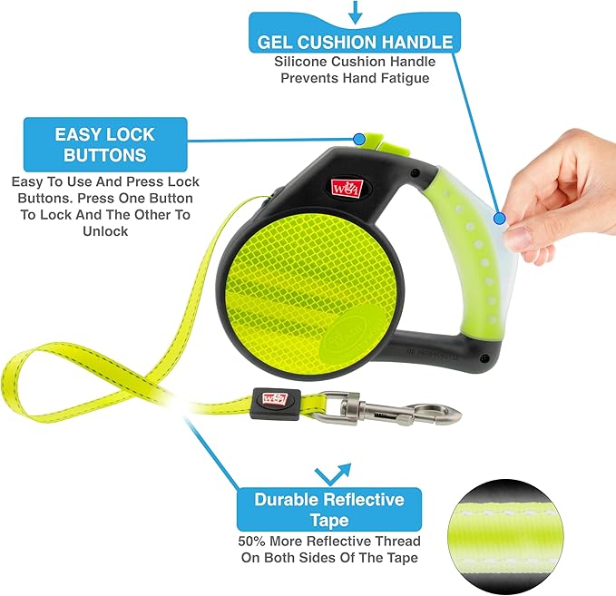 WIGZI Reflective Gel Retractable Leash, Yellow, Small