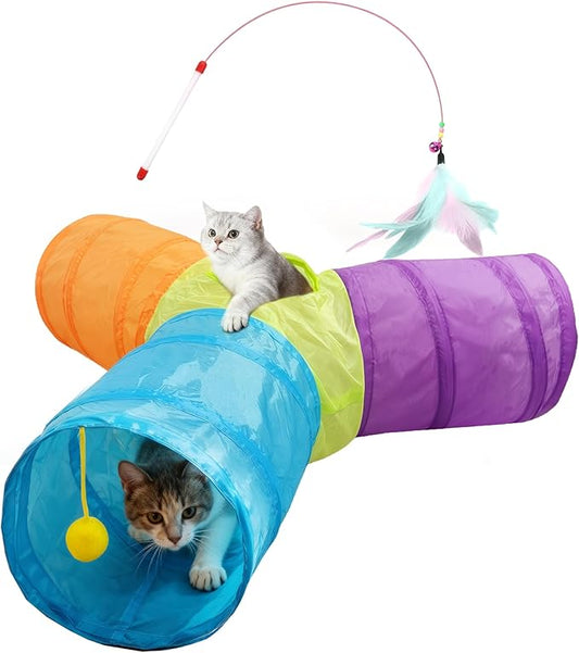 Cat Tunnel Tube Toys 3 Way Collapsible, Interactive Play Tube with Hanging Ball, Cat Tunnels for Indoor Cats, Cat Play Tunnel with Peek Hole for Kitty, Kitten, Rabbit, Puppy