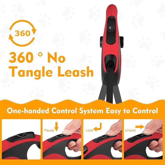 Retractable Dog Leash with Chew Proof Cable, 26Ft Heavy Duty Dog Leash for Medium Large Dogs up to 110lbs, 360째 No Tangle, One-Handed Brake (Red)