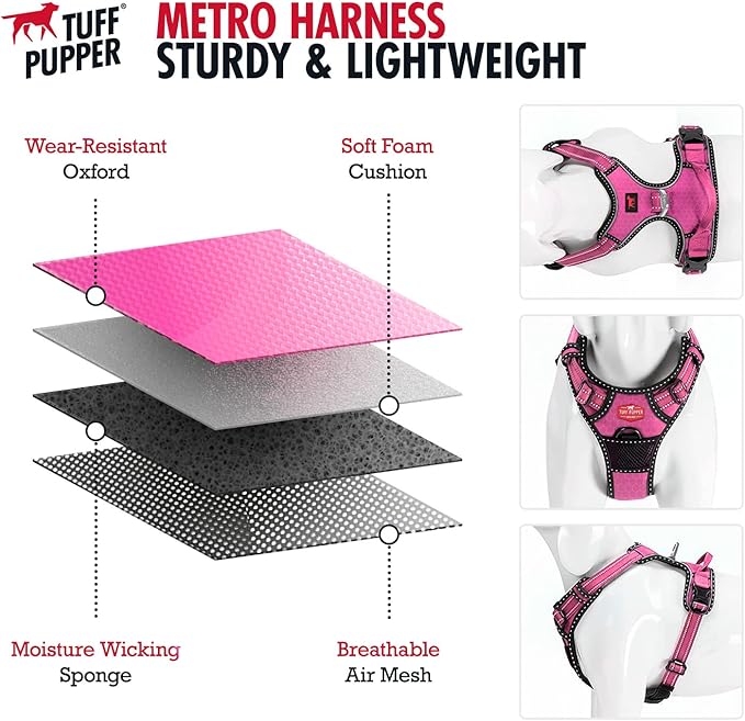 Tuff Pupper No Pull Easy Walk Dog Harness | Heavy Duty Pet Vest | Front & Back Leash Clips | Strong Safety Handle | Reflective Anti Pull Vest | Comfortable Padded Escape Proof Harness (Medium, Pink)