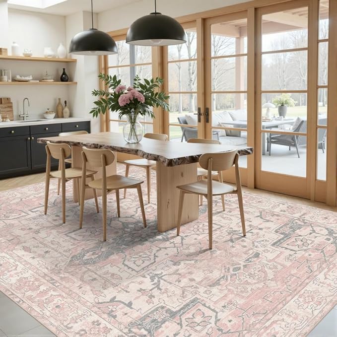 8x10 Area Rugs for Living Room Bedroom, Washable Rug, Pink Vintage Retro Boho Rug, Non Slip & Low Pile Carpet for Indoor Dining Room, Classroom Dorm, Kids Room, Nursery Room(Pink 8x10ft)
